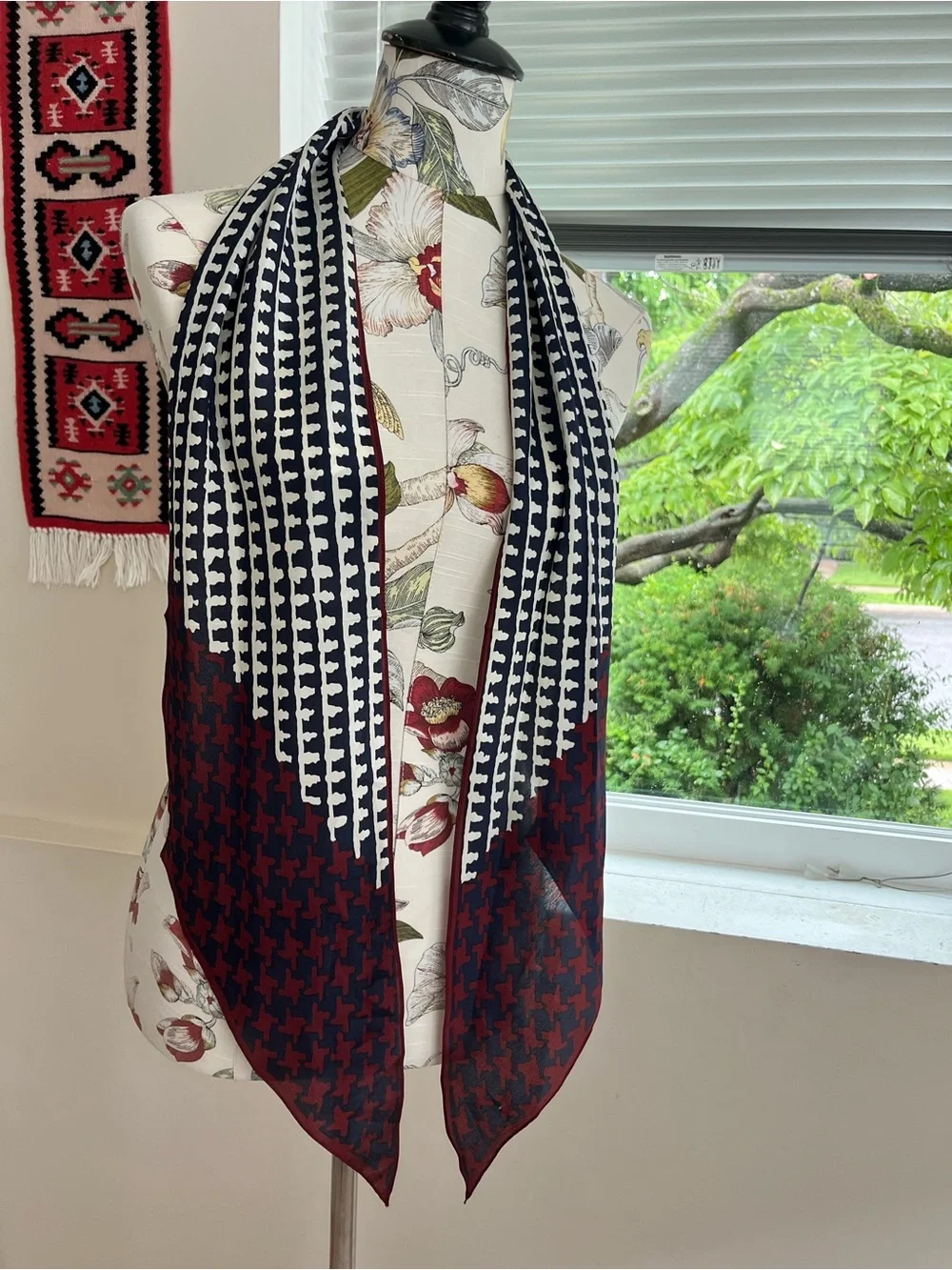 Navy and Burgundy Patterned Silk Scarf Vera